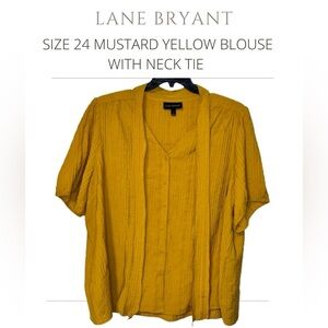 LANE BRYANT SIZE 24 MUSTARD YELLOW SHORT SLEEVE BUTTON UP BLOUSE WITH NECK TIE
